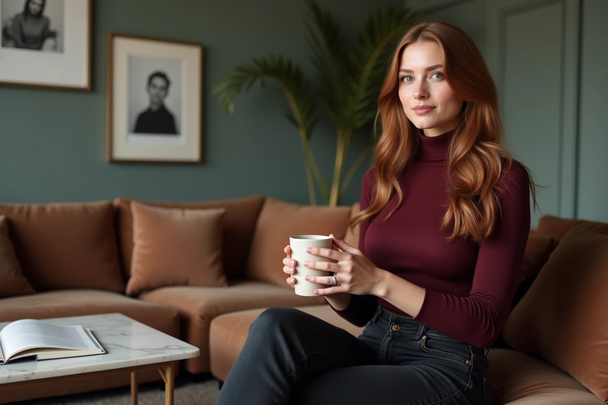 Actrice détendue assise dans un salon raffiné tenant une tasse, portrait intime évoquant la vie privée et sentimentale de Sophie Skelton