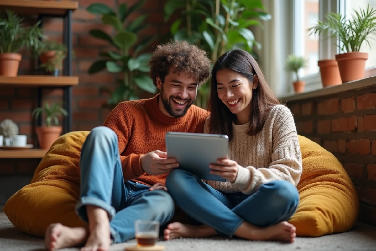 Deux amis regardant ensemble une vidéo en streaming sur une tablette dans un appartement bohème