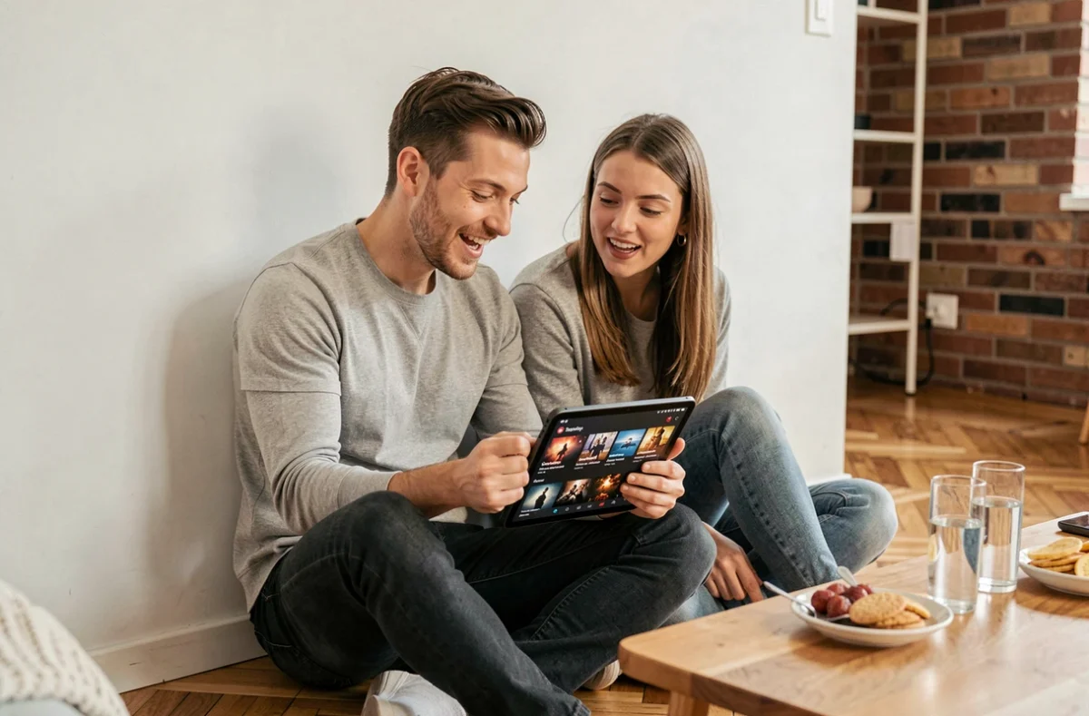 Deux amis choisissant un film sur une tablette avec une interface de streaming