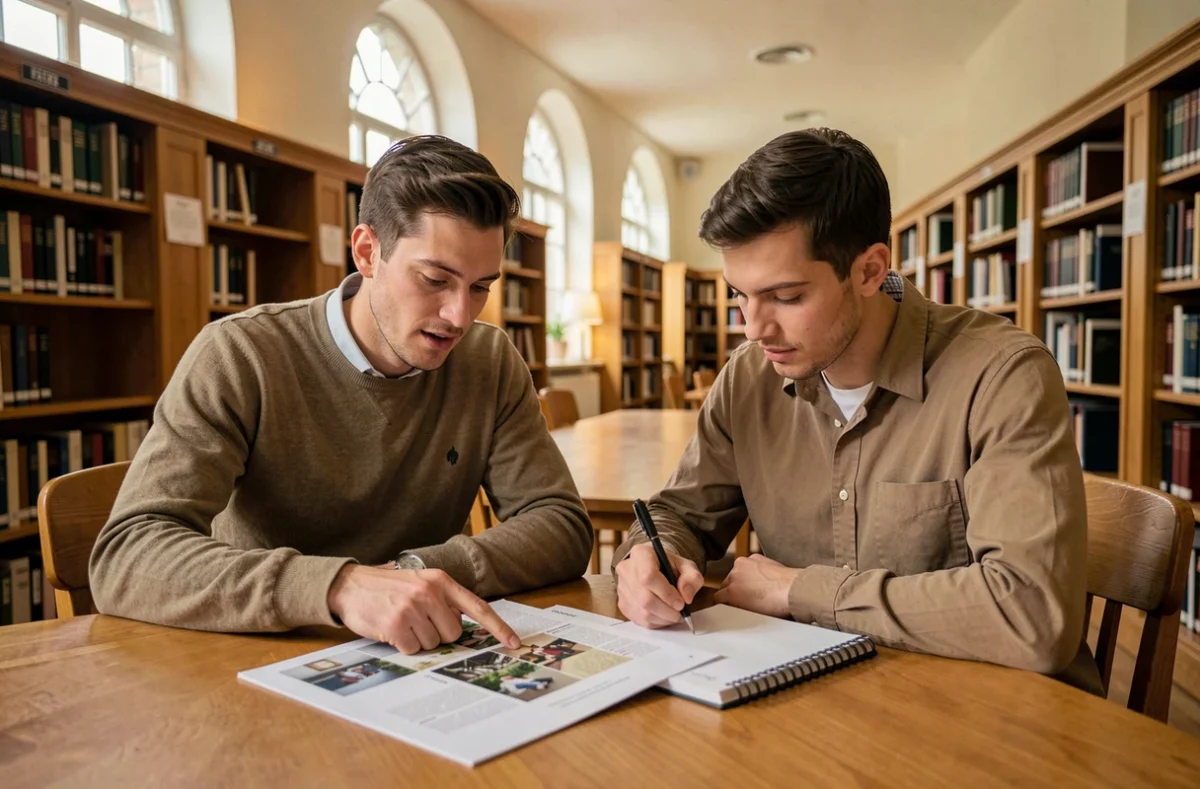 Deux collègues consultant un catalogue imprimé d'articles dans une bibliothèque universitaire