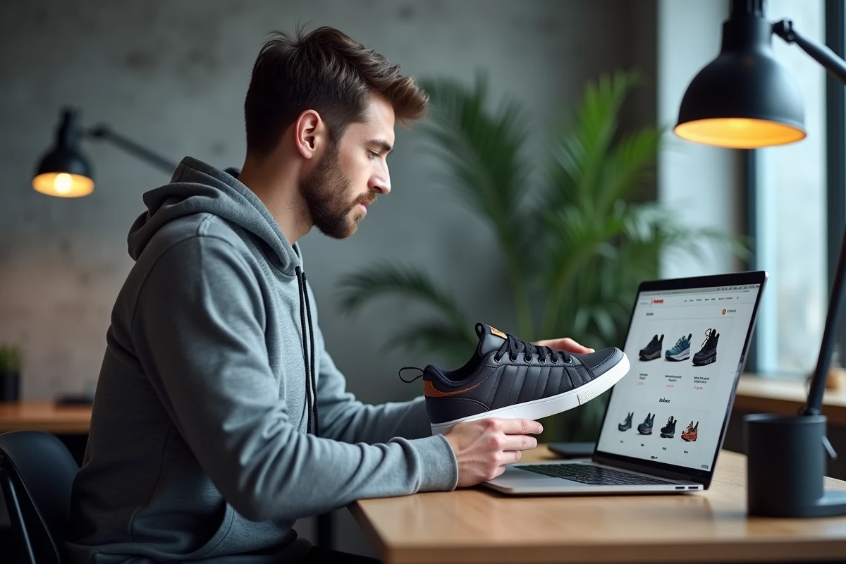Homme comparant une chaussure physique avec sa fiche produit sur le site Zalando pour détecter une éventuelle contrefaçon