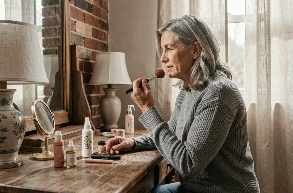 Femme mature appliquant une crème teintée devant une coiffeuse en bois, conseils beauté naturels