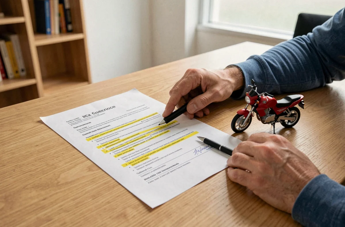 Mains pointant les garanties d'un contrat d'assurance moto sur un bureau professionnel