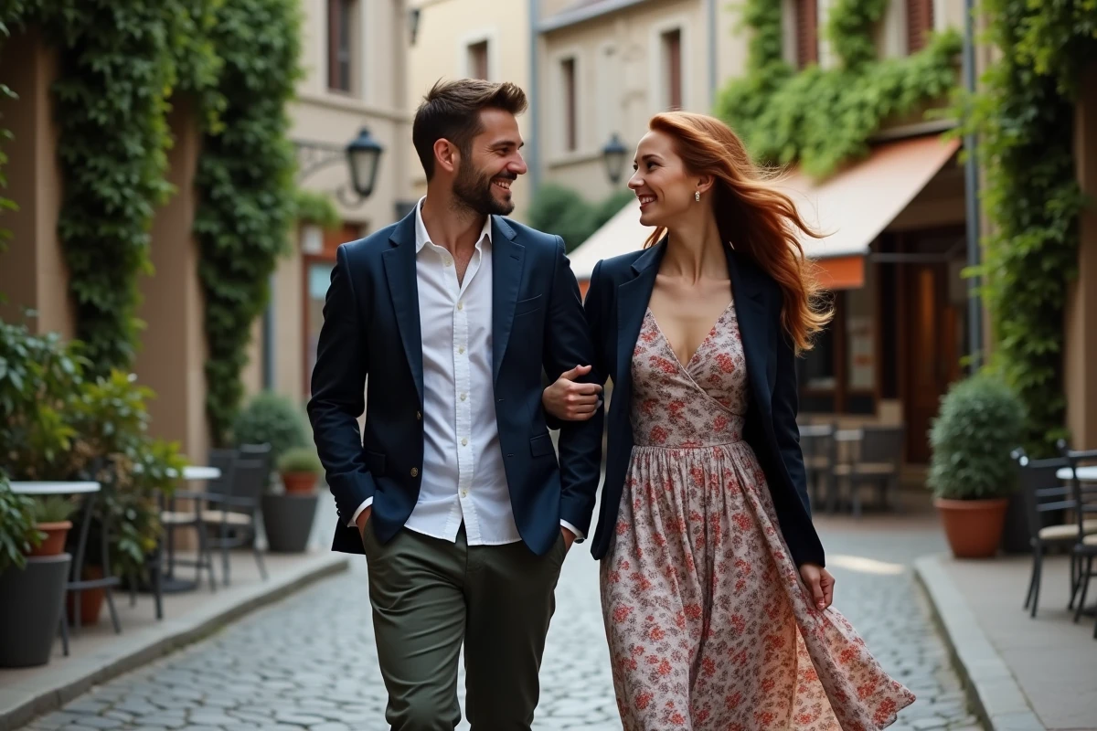 Couple élégant se promenant sur une rue pavée européenne, illustrant la relation amoureuse et la vie de couple d'une actrice célèbre