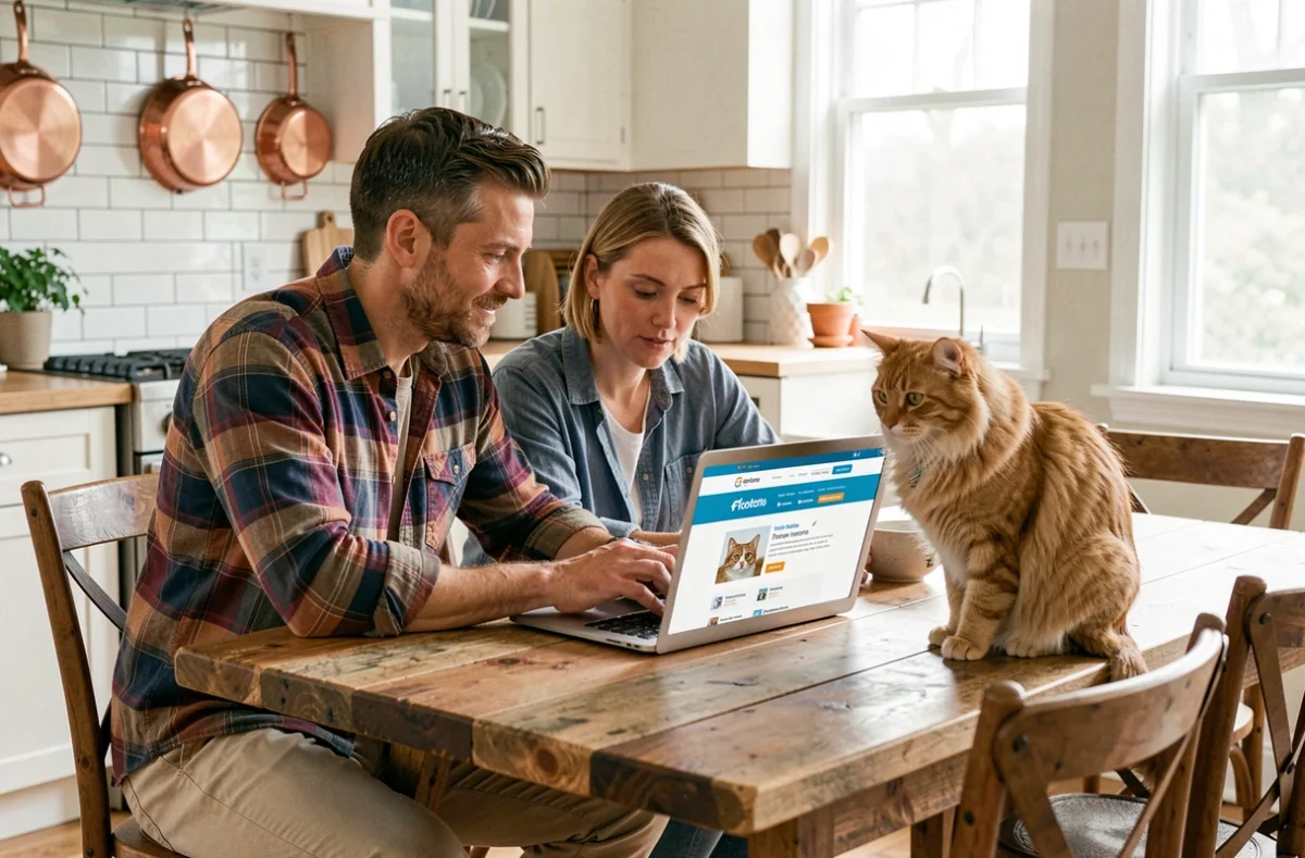 Couple recherchant une assurance pour leur chat sur un ordinateur portable dans une cuisine familiale chaleureuse