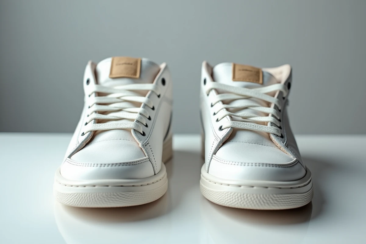 Comparaison détaillée de deux paires de sneakers côte à côte pour identifier les signes de contrefaçon comme les coutures irrégulières et les logos mal alignés