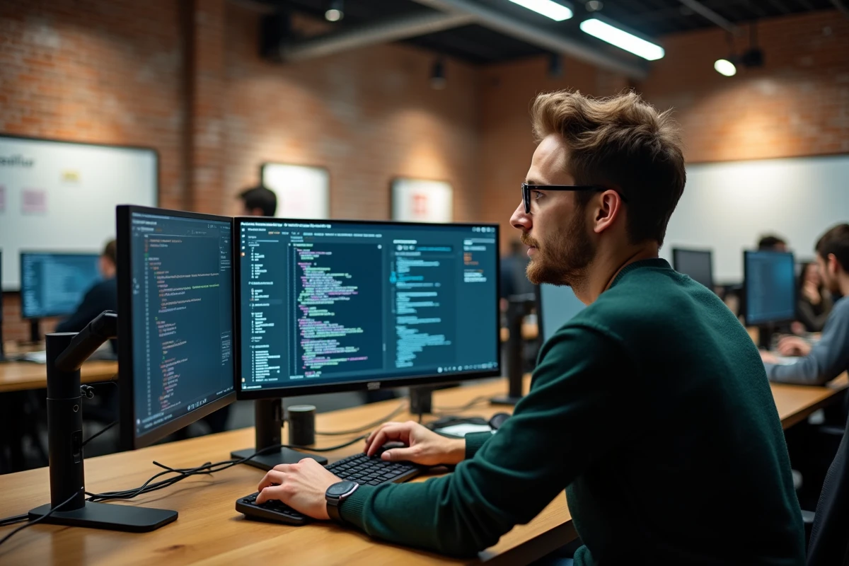 Développeur analysant des failles de sécurité dans une intégration de paiement sans 3D Secure sur un tableau de bord backend, illustrant les vulnérabilités techniques des sites marchands en 2025