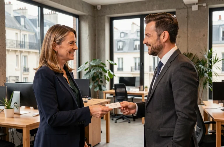 Deux professionnels échangeant des cartes de visite dans un espace de coworking moderne à Paris