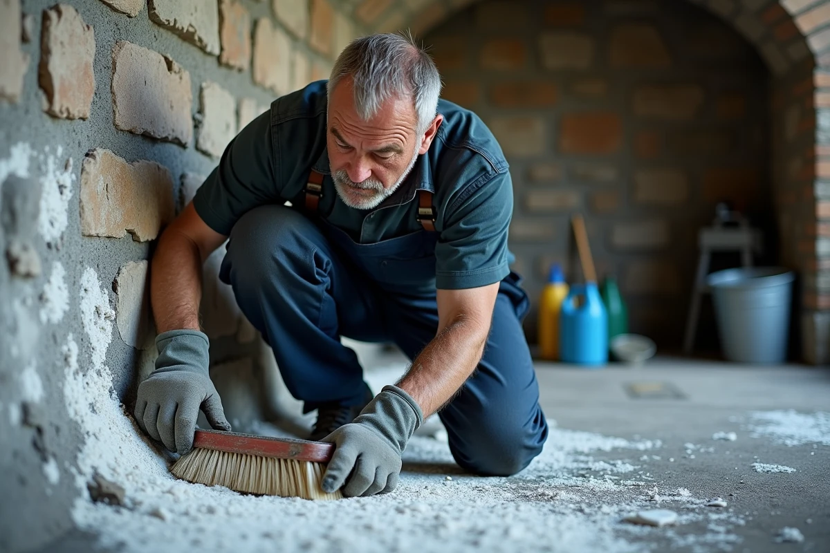Homme en combinaison de travail grattant le salpêtre sur un mur de cave en pierre avec une brosse rigide