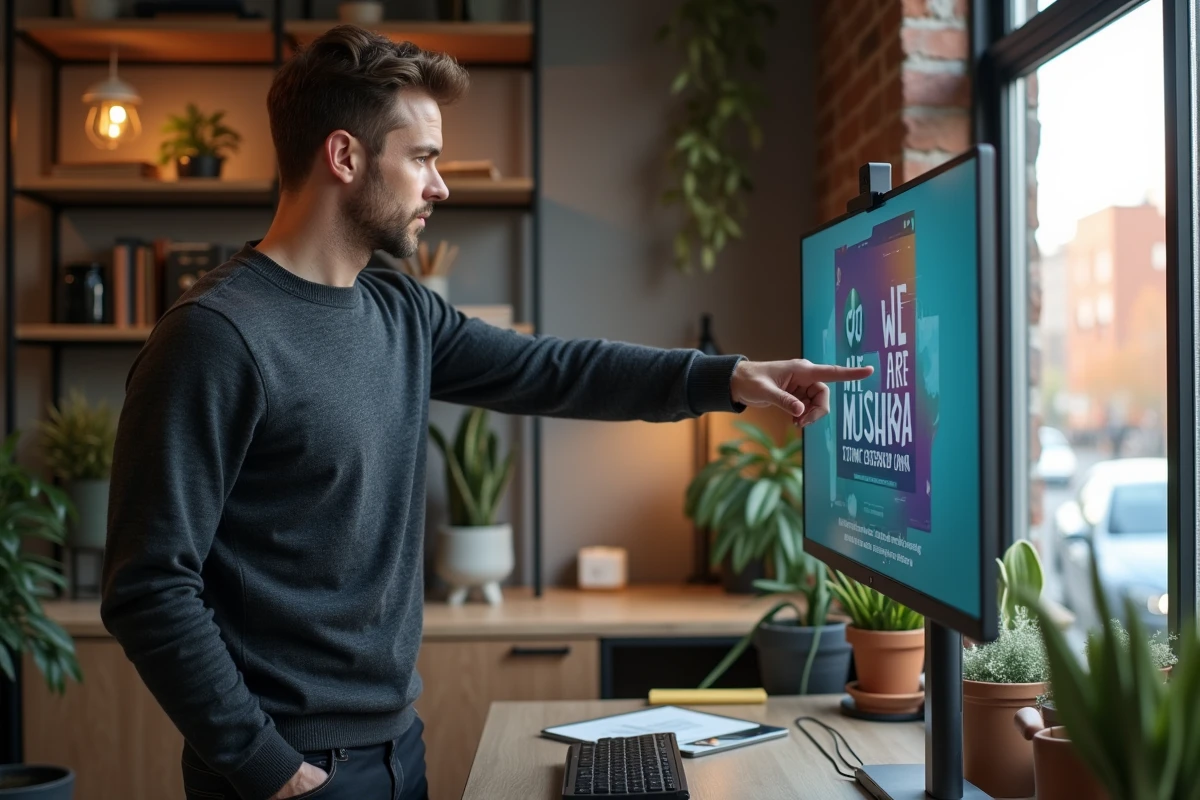 Entrepreneur masculin présentant une maquette de site web dans un bureau à domicile moderne pour développer son activité numérique