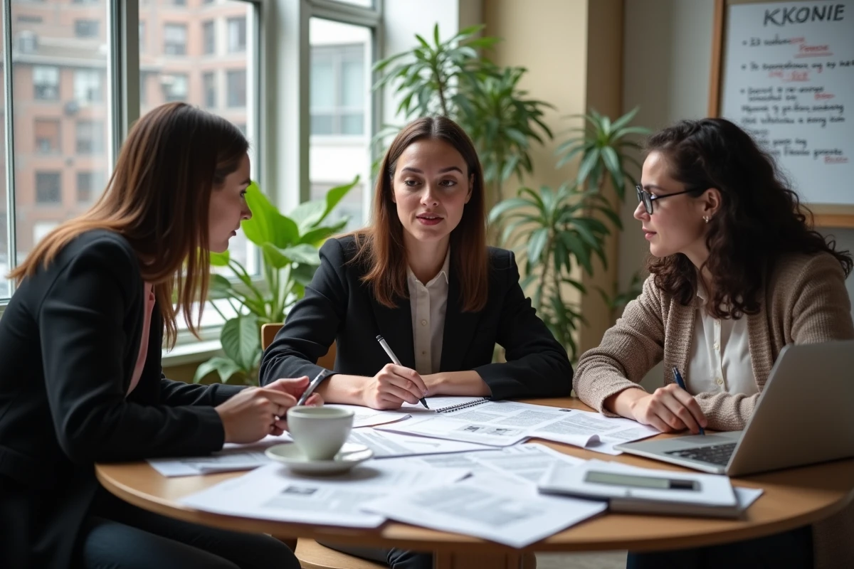 Équipe de journalistes indépendants réunis autour d'une table dans un espace de coworking médiatique pour préparer des contenus d'information engagée