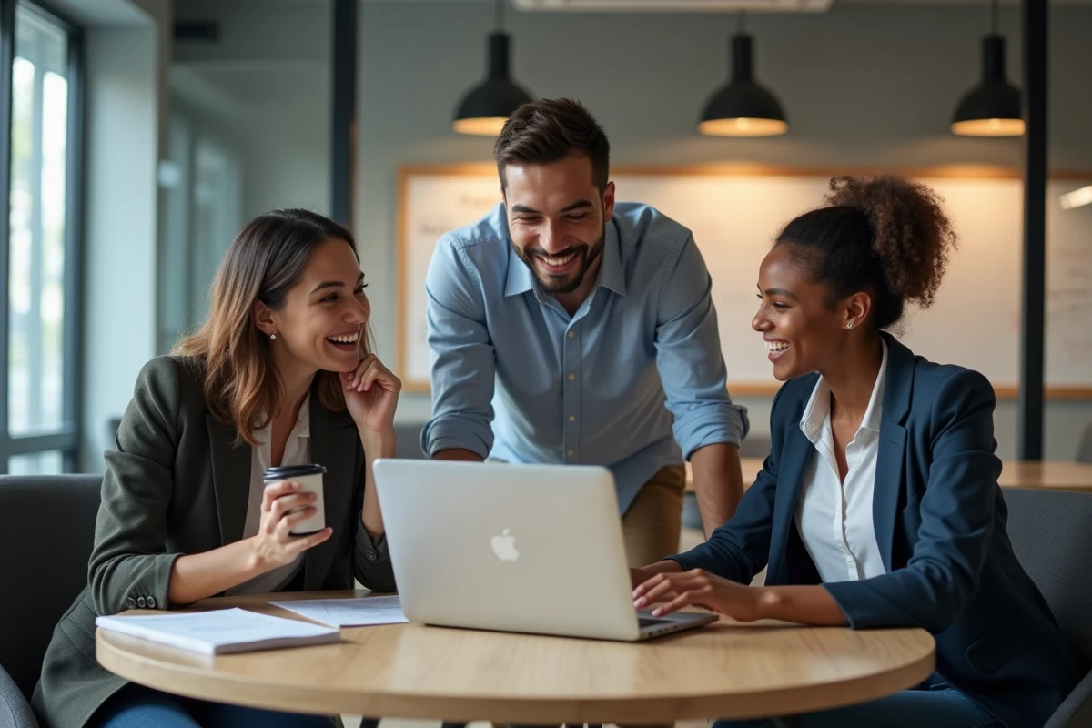 Équipe de startup multiculturelle discutant de services web pour accélérer la croissance de leur activité en espace de coworking
