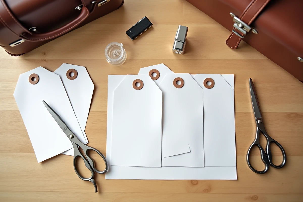 Vue de dessus d'étiquettes valise imprimées en PDF découpées avec ciseaux et pochette plastique sur une table en bois