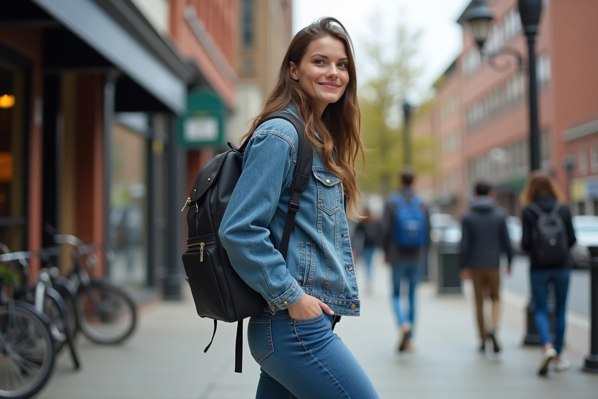 Etudiante marche dans la ville avec un sac à dos moderne