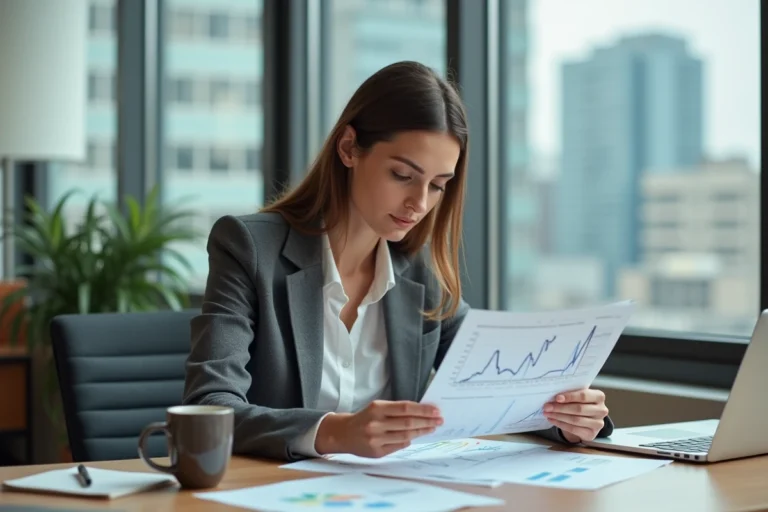 Femme d'affaires examine un graphique financier dans un bureau moderne