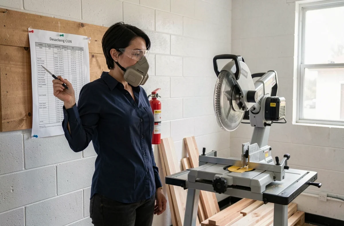Femme artisane consultant un guide de mesures avant l'utilisation d'une scie à onglet radiale en atelier