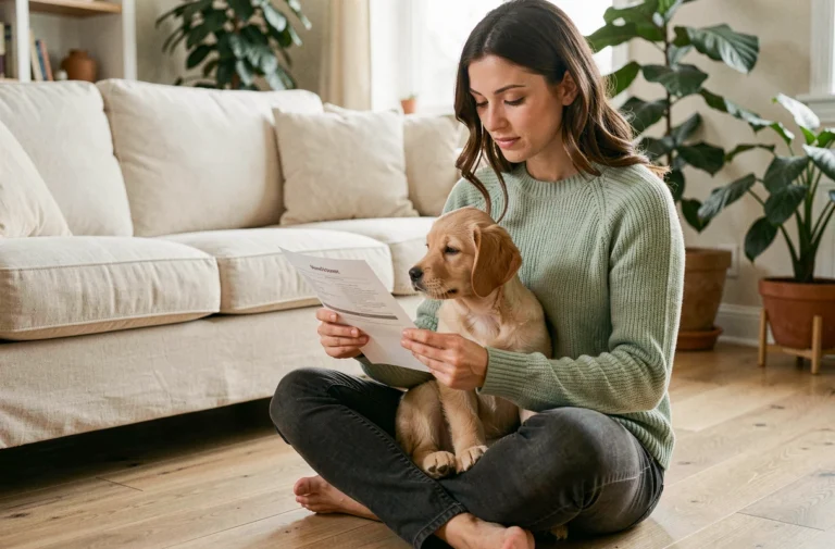 Femme consultant un document d'assurance animaux avec son chiot golden retriever sur les genoux dans un salon cosy