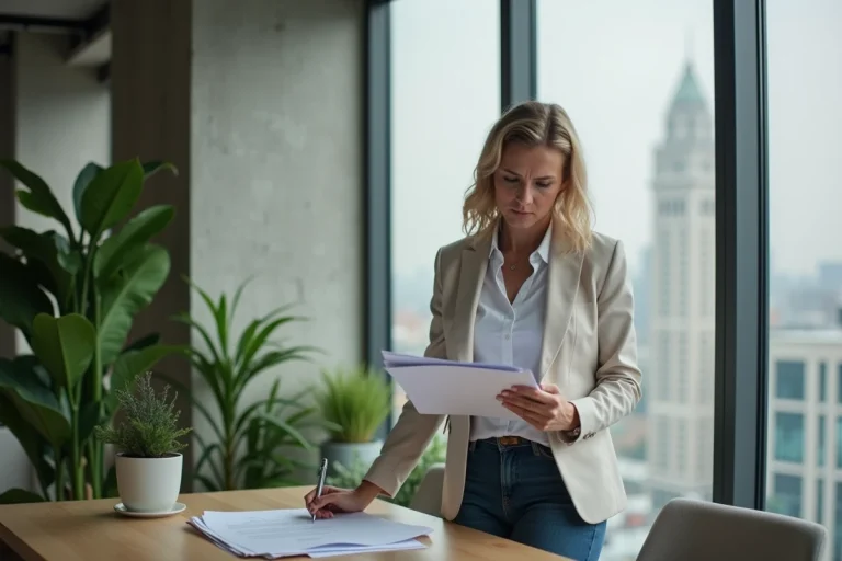 Femme réfléchissant avec des papiers dans un appartement moderne