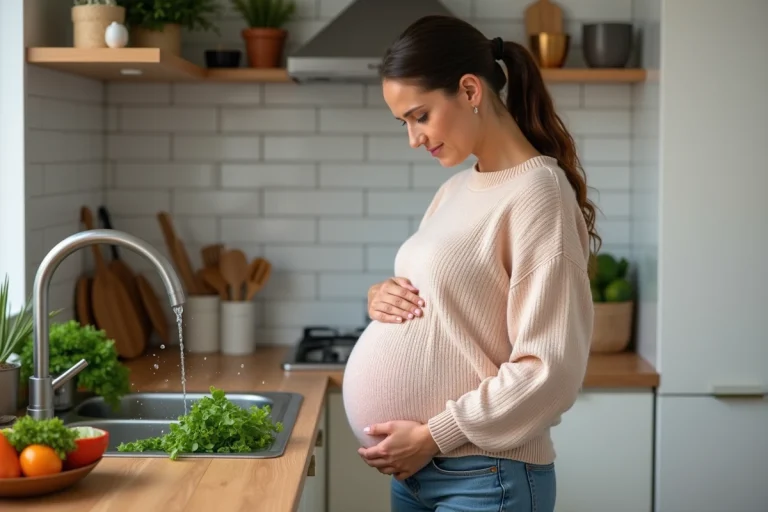 Femme enceinte lavant des légumes dans une cuisine chaleureuse