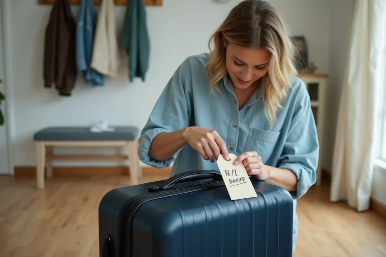 Femme attachant une étiquette valise imprimée sur une valise bleue marine dans un couloir d'entrée à la maison