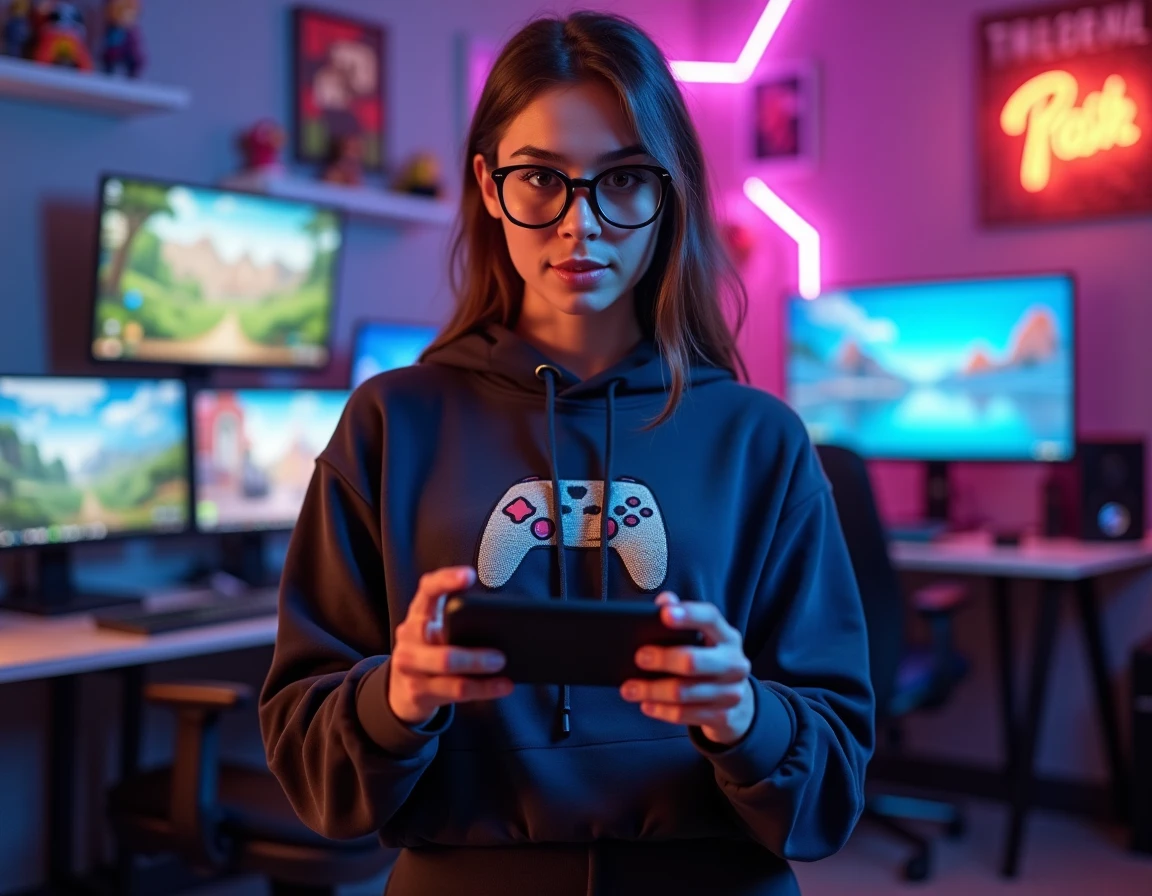 Jeune femme passionnée de jeux vidéo tenant une console portable devant un mur de posters gaming et une installation RGB colorée