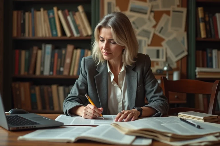 Femme concentrée à son bureau avec journaux et ordinateur