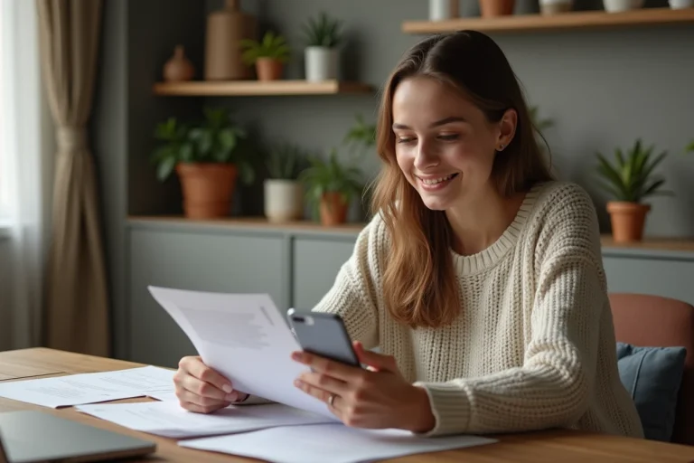 Jeune femme assise comparant documents et smartphone