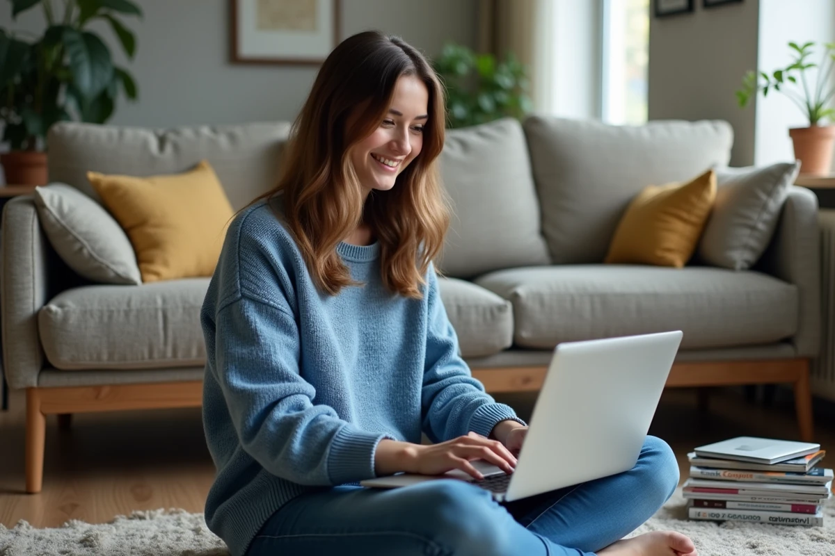 Jeune femme souriante utilisant un ordinateur portable à la maison