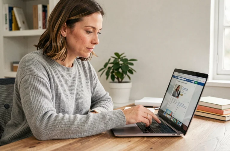 Femme naviguant sur un site web depuis un bureau en bois dans un espace de travail à domicile