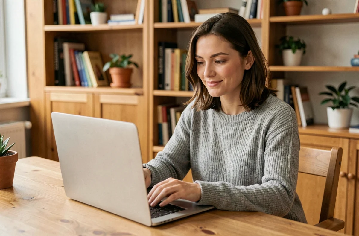 Femme naviguant sur un site web dédié aux animaux depuis son bureau à domicile, illustrant la navigation sur le plan du site animaltime.net