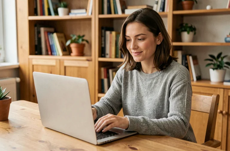 Femme naviguant sur un site web dédié aux animaux depuis son bureau à domicile, illustrant la navigation sur le plan du site animaltime.net