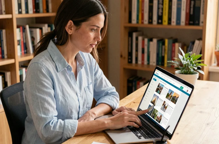 Femme parcourant une liste complète d'articles sur un site web depuis son bureau à domicile