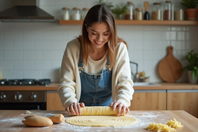 Femme préparant des pâtes fraîches dans une cuisine lumineuse