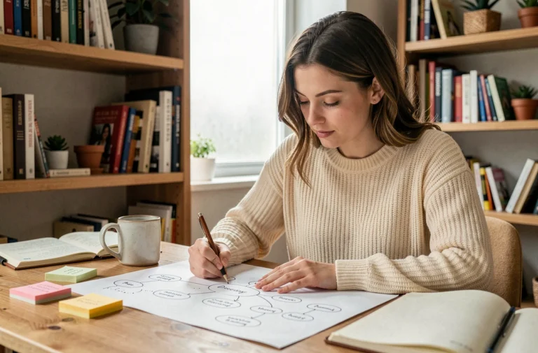 Jeune femme dessinant un plan de site de blog à la main sur son bureau en bois, entourée de notes et carnets dans un bureau à domicile chaleureux