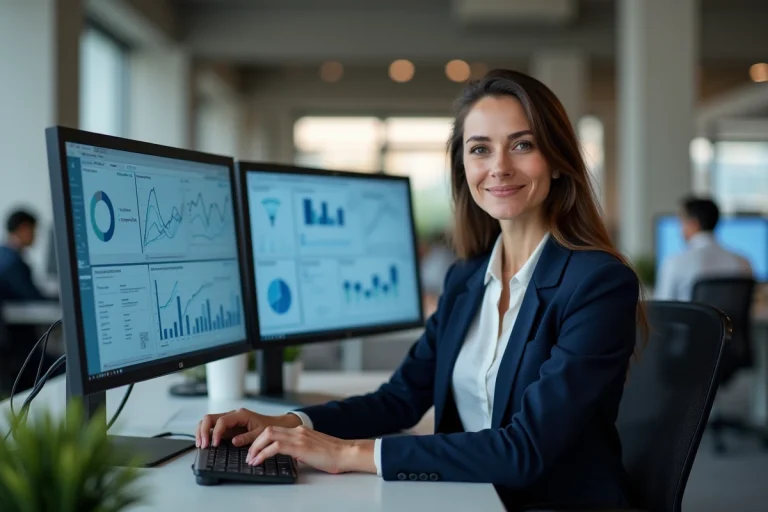 Femme professionnelle analysant des tableaux de bord web dans un bureau moderne pour booster son activité en ligne
