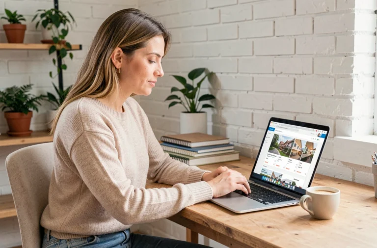 Femme cherchant un logement à louer sur une plateforme spécialisée depuis son bureau à domicile