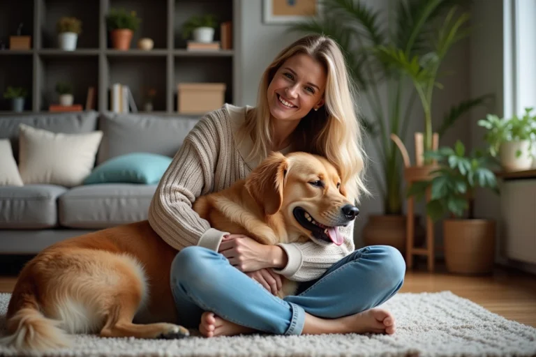 Femme et golden retriever dans un salon chaleureux