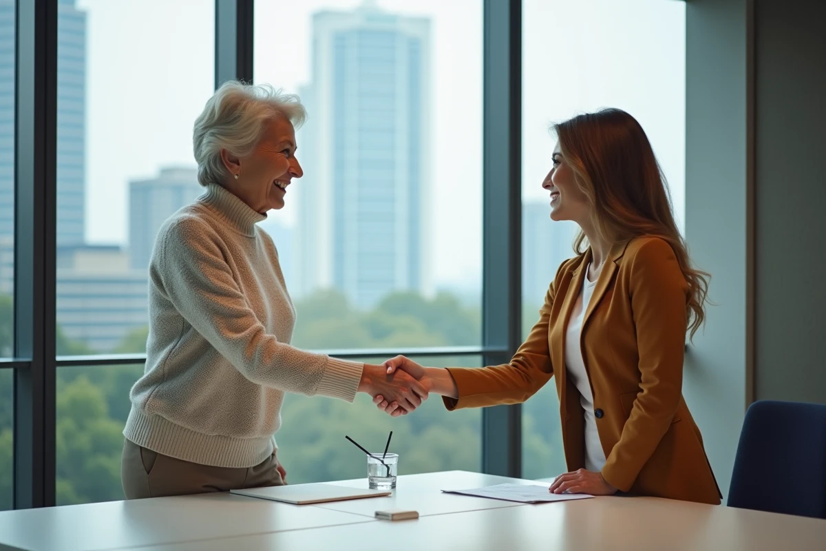 Femme souriante faisant un handshake avec un recruteur dans un bureau