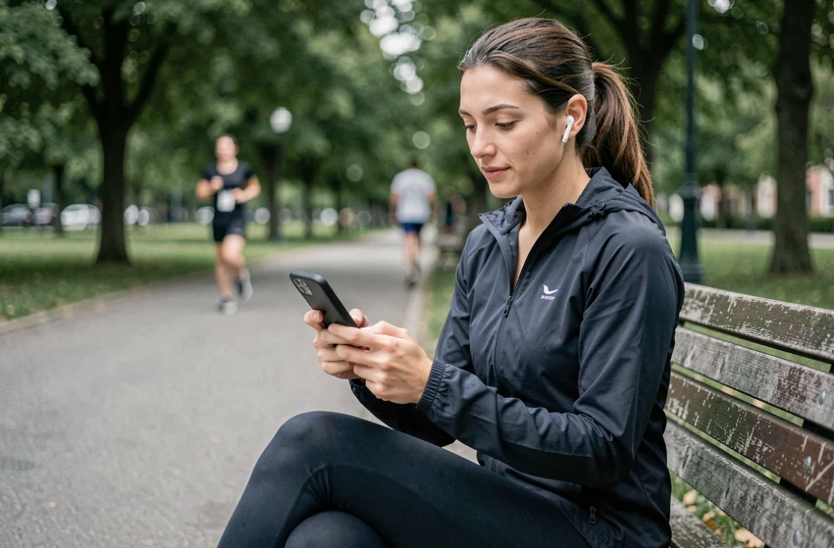 Femme sportive consultant une application de sport en ligne sur son smartphone dans un parc urbain