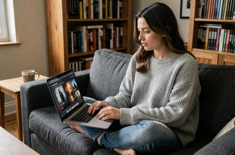 Jeune femme explorant une interface de streaming sur son ordinateur portable depuis son canapé