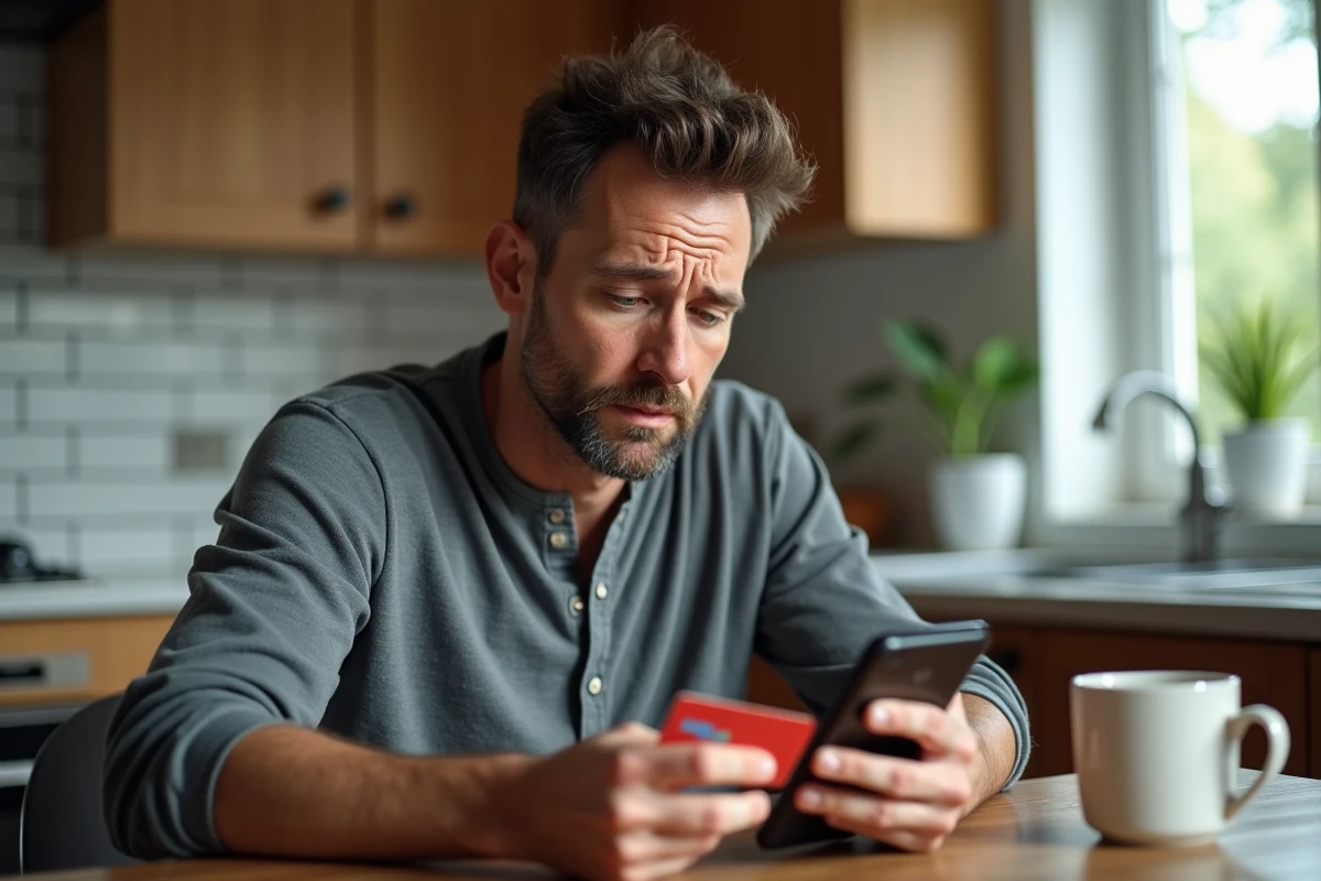 Homme tenant une carte bancaire face à un site e-commerce sans vérification 3D Secure, représentant les risques de fraude en ligne pour les consommateurs en 2025