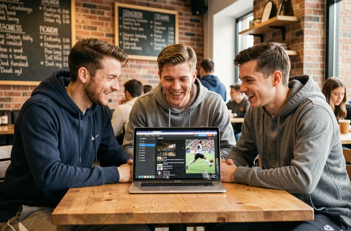 Groupe d'amis sportifs explorant ensemble un guide des rubriques de sport en ligne autour d'un ordinateur portable dans un café