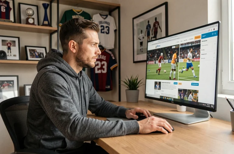 Homme consultant un guide complet des rubriques sportives en ligne sur son ordinateur dans un bureau à domicile moderne