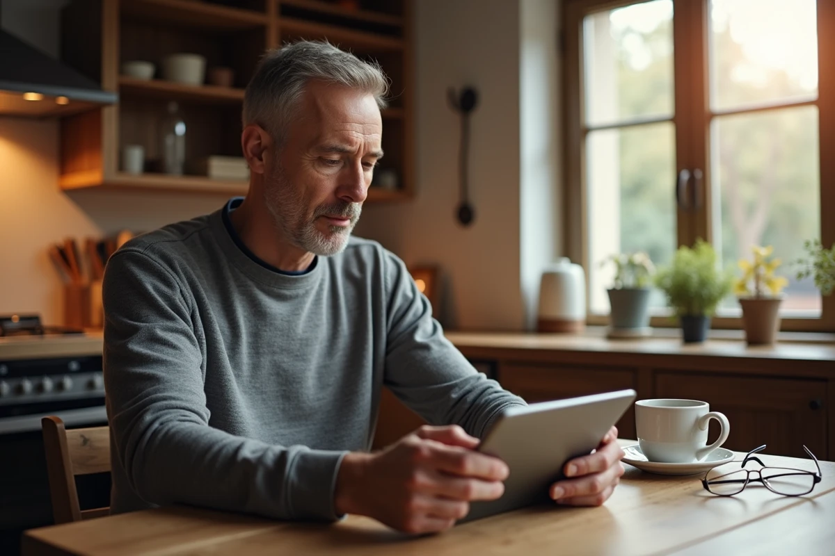 Homme consultant les nouvelles locales en temps réel sur une tablette dans sa cuisine le matin