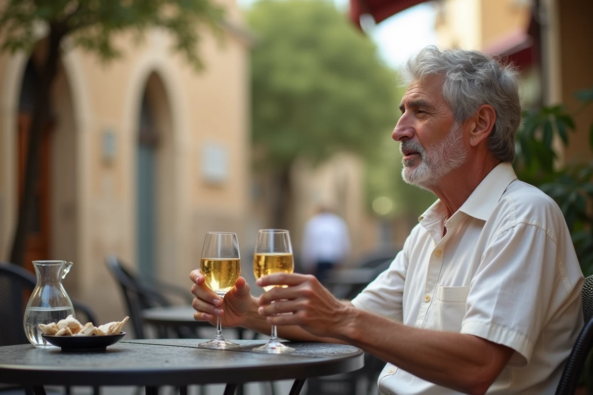 Homme d'âge mûr tenant un verre de pastis en terrasse avec des sachets de sucre sur la table, évoquant la consommation modérée et les effets sur la santé