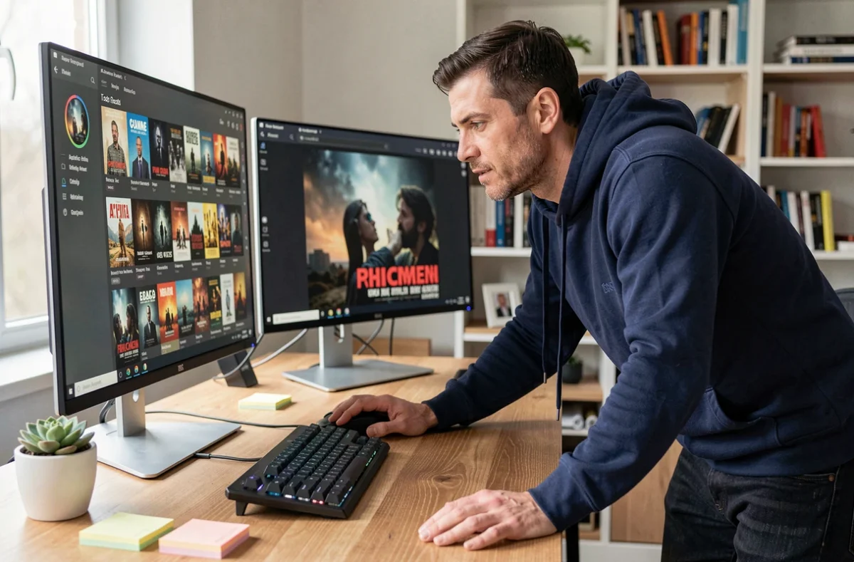 Homme utilisant une plateforme de streaming sur un grand écran dans un bureau à domicile