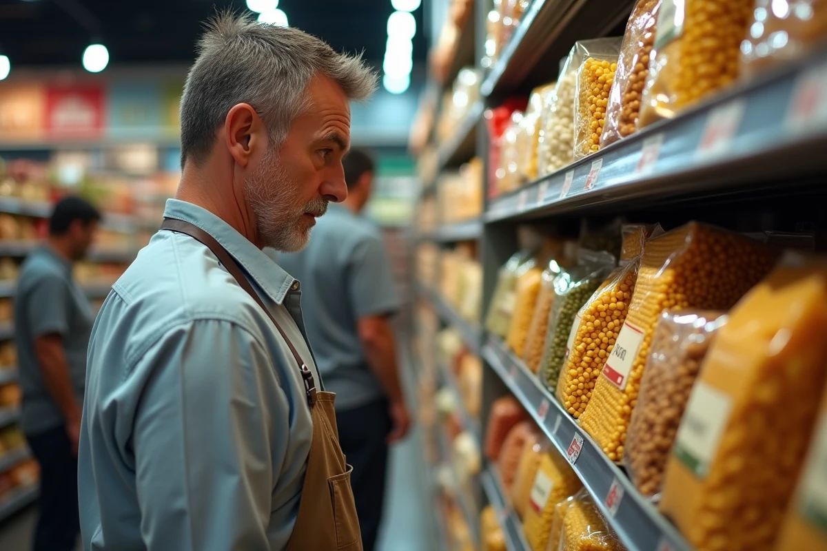 Homme examinant des paquets de pâtes en supermarché