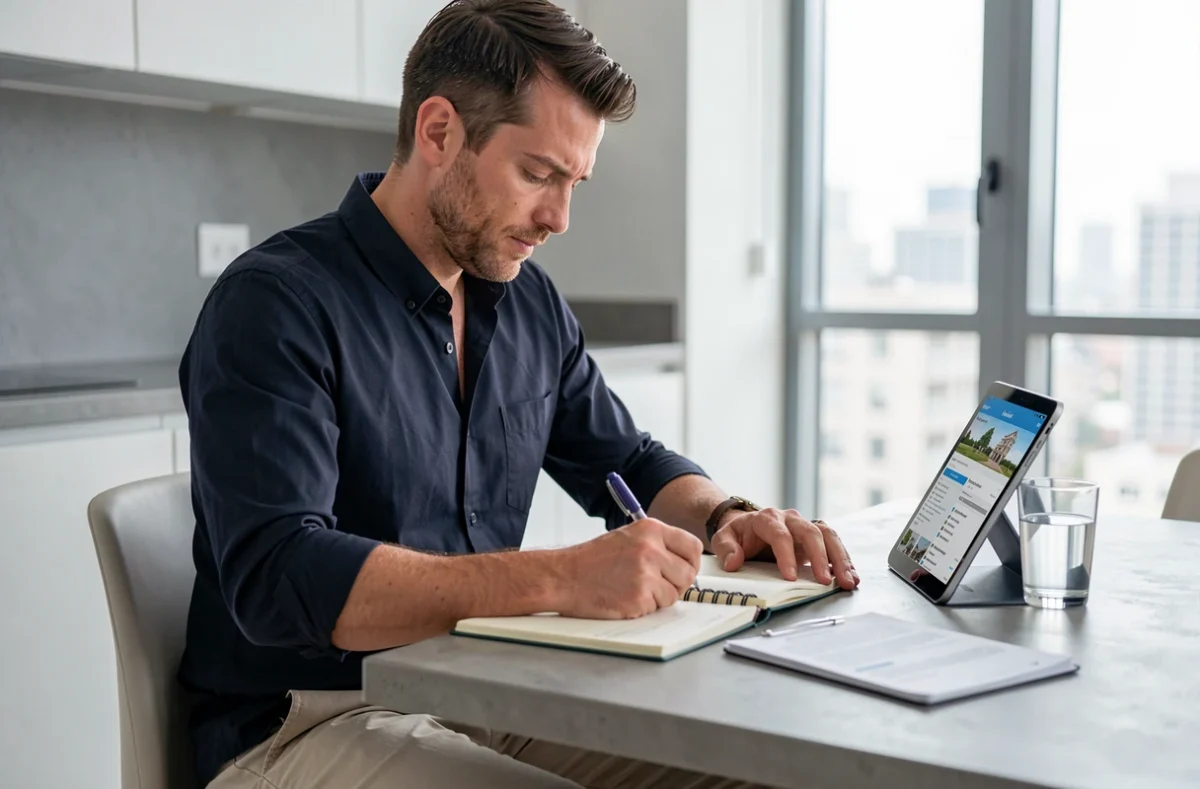 Homme comparant des offres de logements à louer sur une tablette grâce à une plateforme spécialisée
