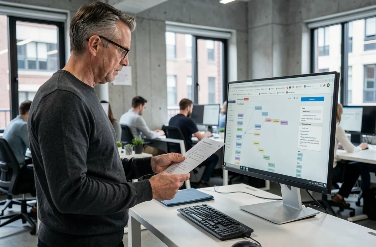 Homme comparant une liste imprimée de pages web avec un écran d'ordinateur dans un bureau moderne