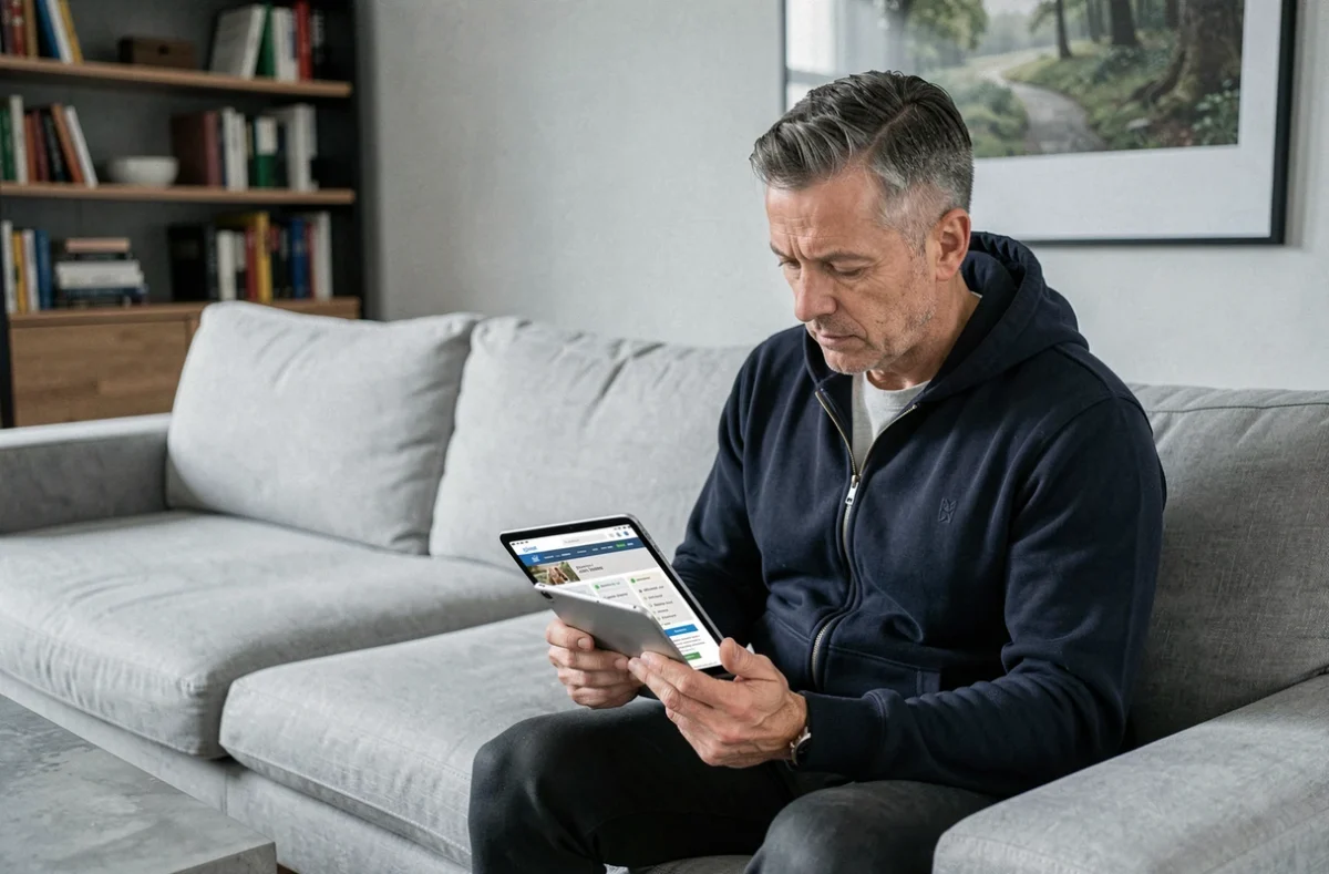 Homme consultant le plan du site animaltime.net sur une tablette dans son salon moderne, facilitant la navigation sur le site